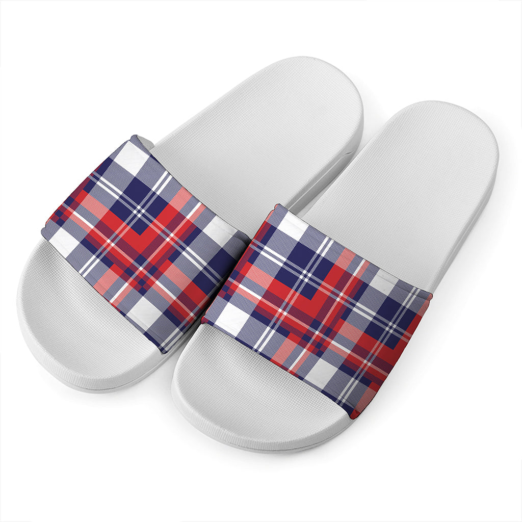 USA Plaid Pattern Print White Slide Sandals