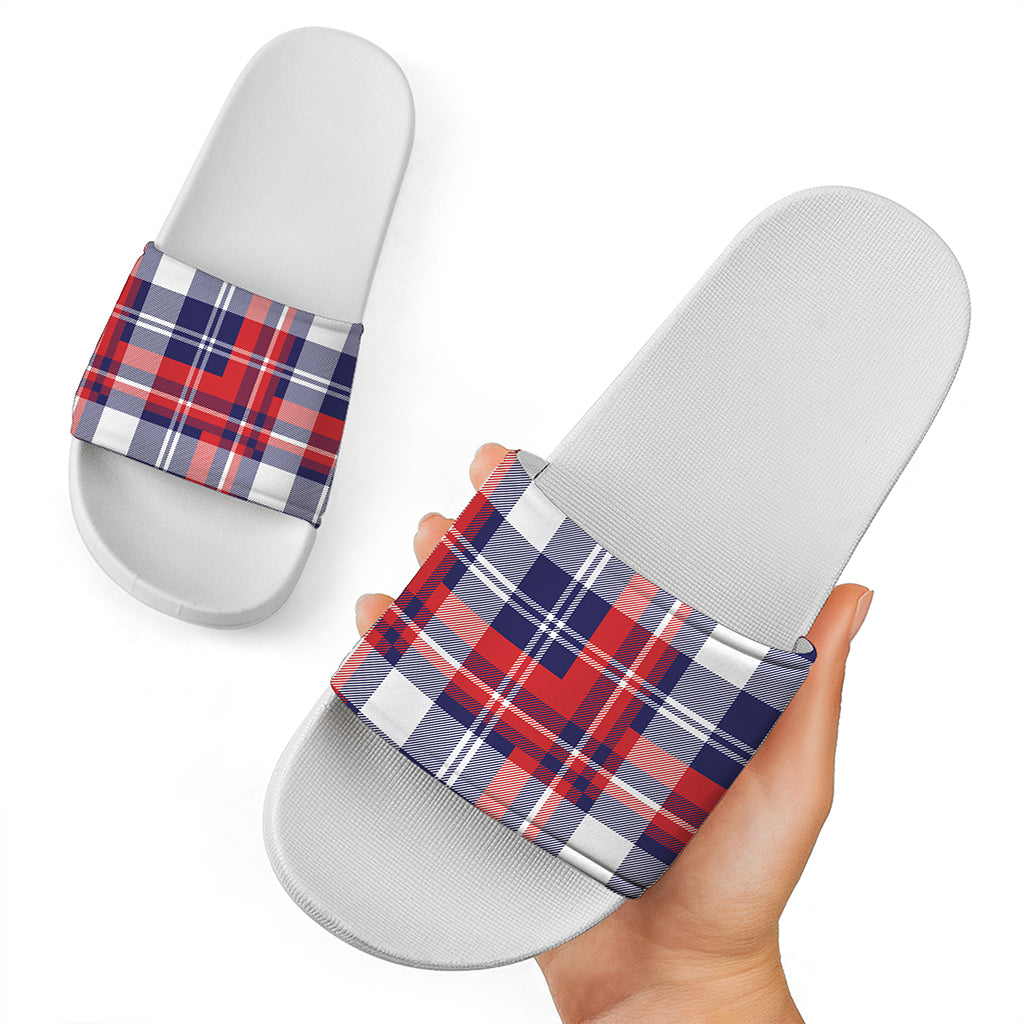 USA Plaid Pattern Print White Slide Sandals