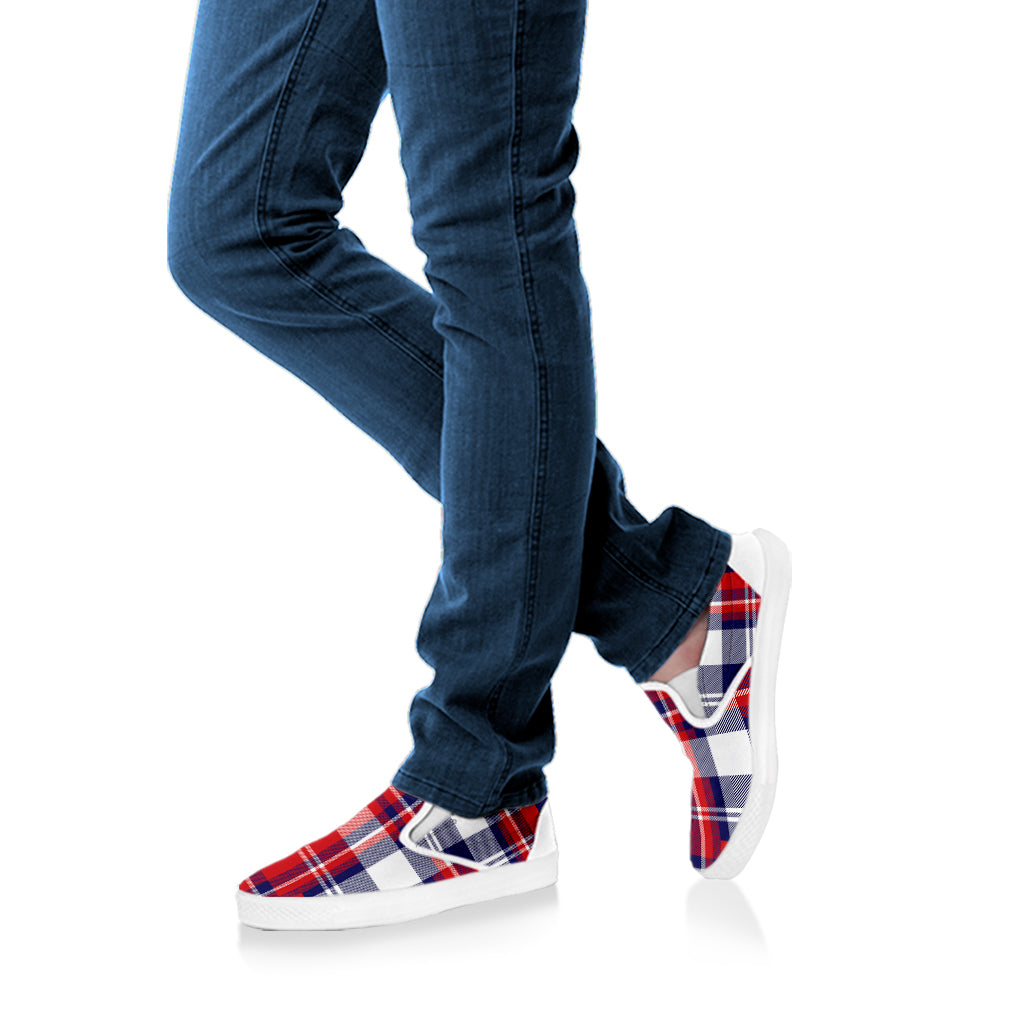 USA Plaid Pattern Print White Slip On Shoes