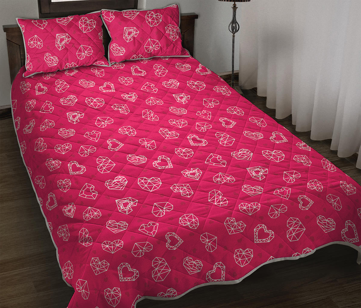 Valentine's Day Geometric Heart Print Quilt Bed Set