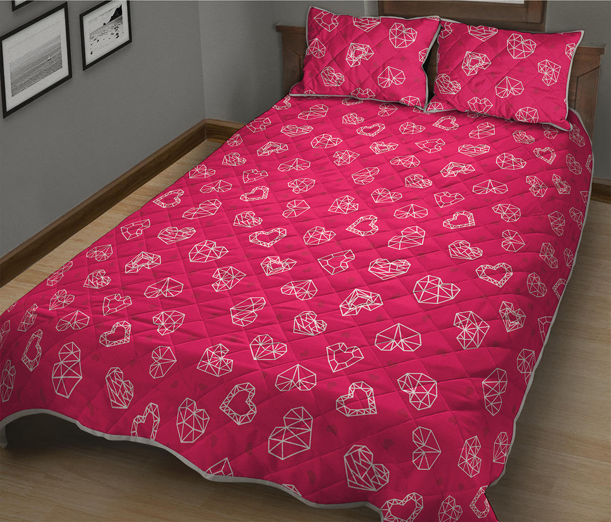 Valentine's Day Geometric Heart Print Quilt Bed Set