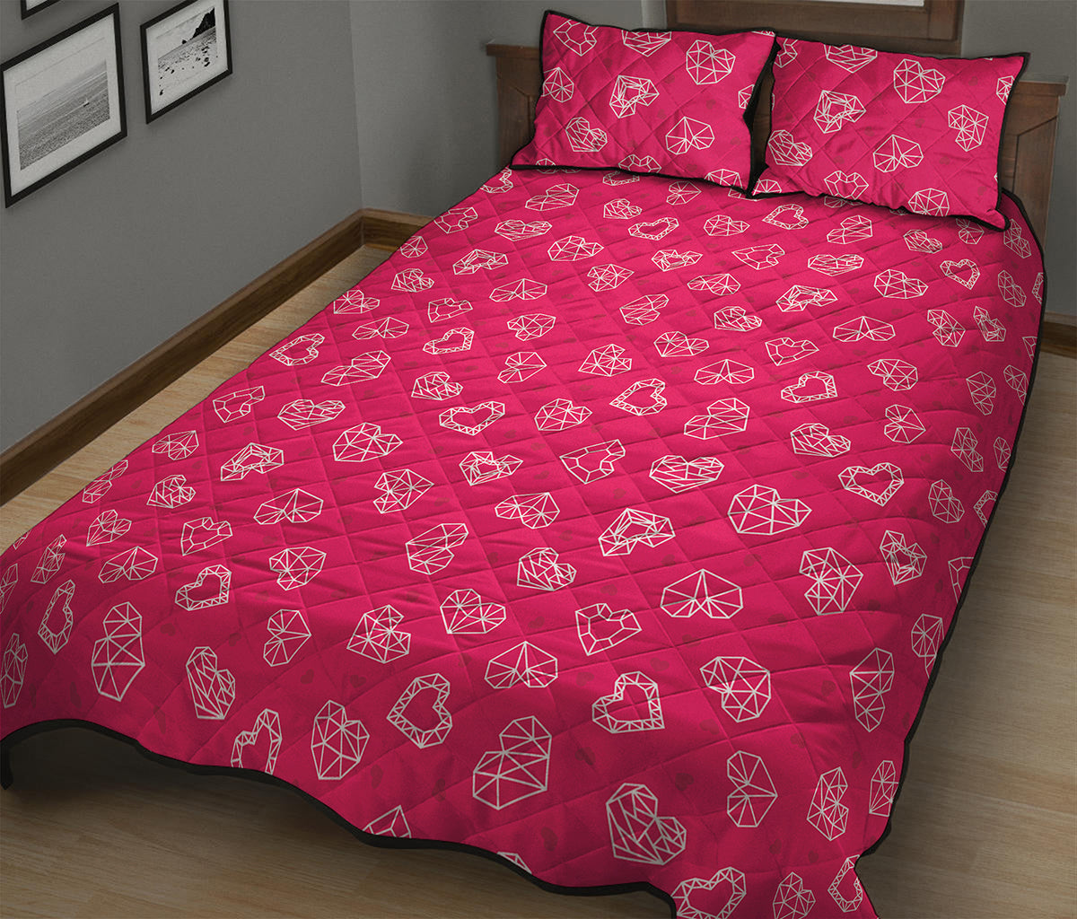 Valentine's Day Geometric Heart Print Quilt Bed Set