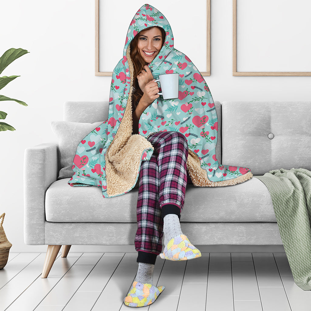 Valentine's Day Heart And Flower Print Hooded Blanket