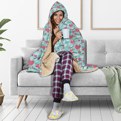 Valentine's Day Heart And Flower Print Hooded Blanket