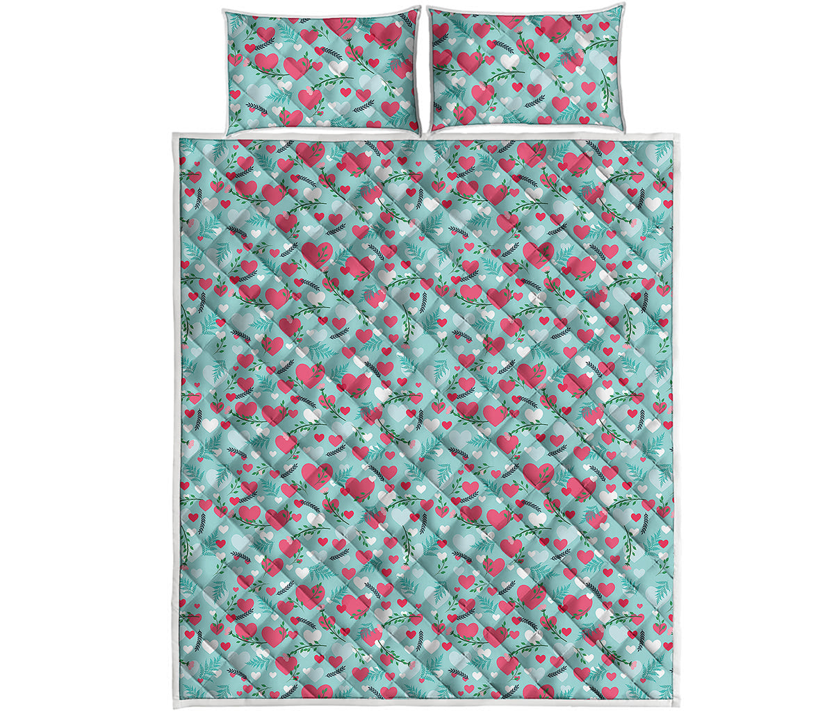 Valentine's Day Heart And Flower Print Quilt Bed Set