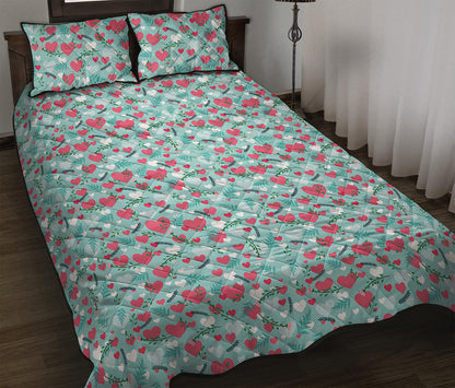 Valentine's Day Heart And Flower Print Quilt Bed Set
