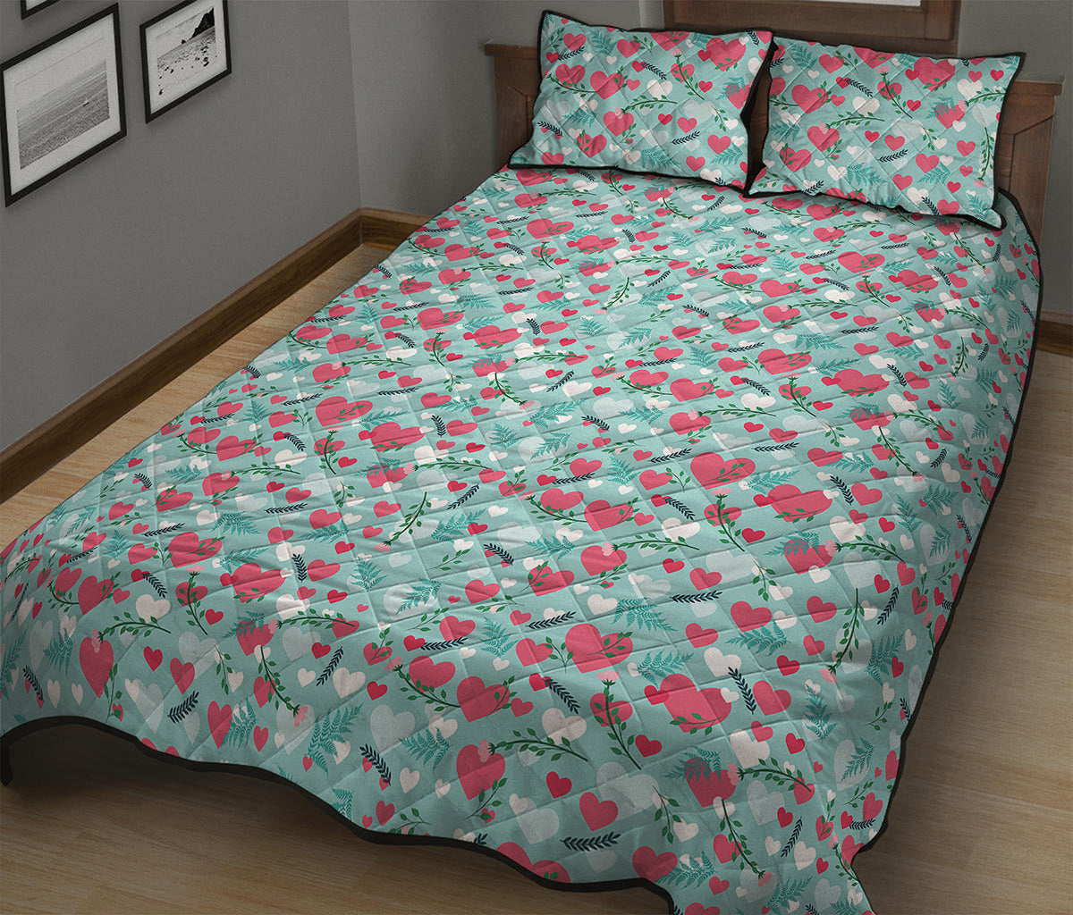 Valentine's Day Heart And Flower Print Quilt Bed Set