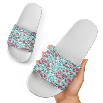 Valentine's Day Heart And Flower Print White Slide Sandals