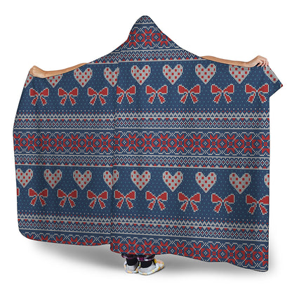 Valentine's Day Knitted Pattern Print Hooded Blanket