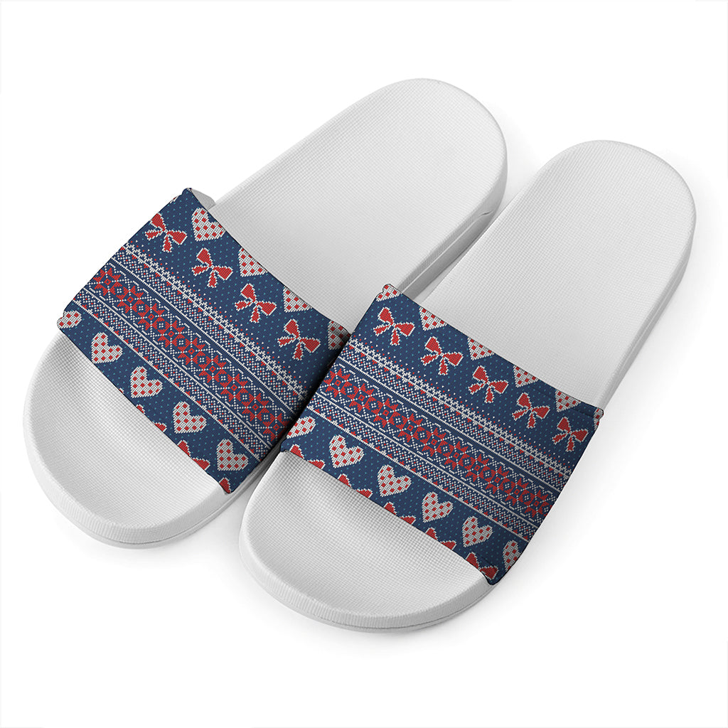 Valentine's Day Knitted Pattern Print White Slide Sandals