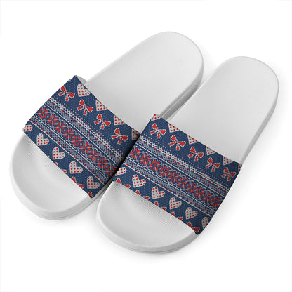 Valentine's Day Knitted Pattern Print White Slide Sandals