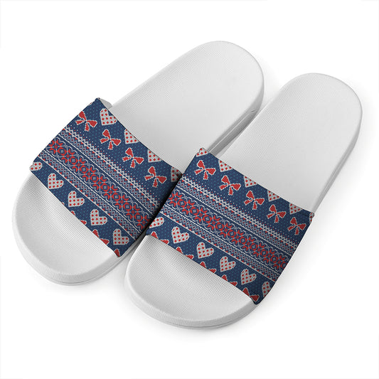 Valentine's Day Knitted Pattern Print White Slide Sandals