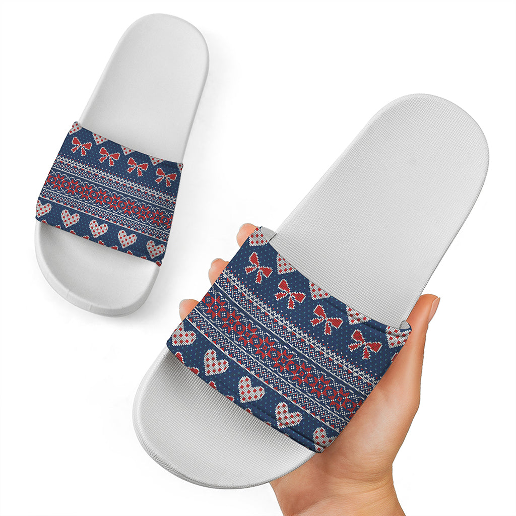 Valentine's Day Knitted Pattern Print White Slide Sandals