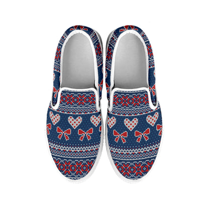 Valentine's Day Knitted Pattern Print White Slip On Shoes