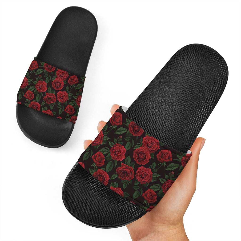 Valentine's Day Rose Pattern Print Black Slide Sandals