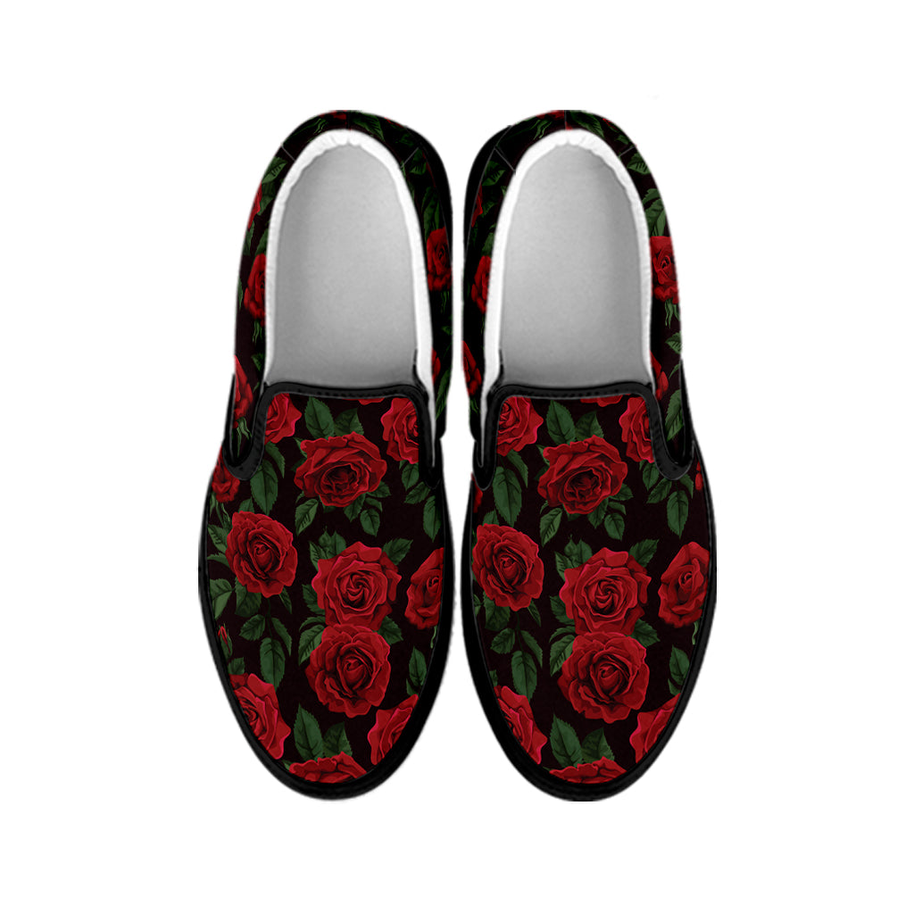 Valentine's Day Rose Pattern Print Black Slip On Shoes