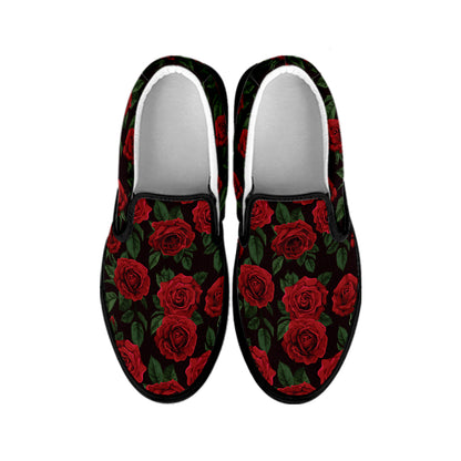 Valentine's Day Rose Pattern Print Black Slip On Shoes