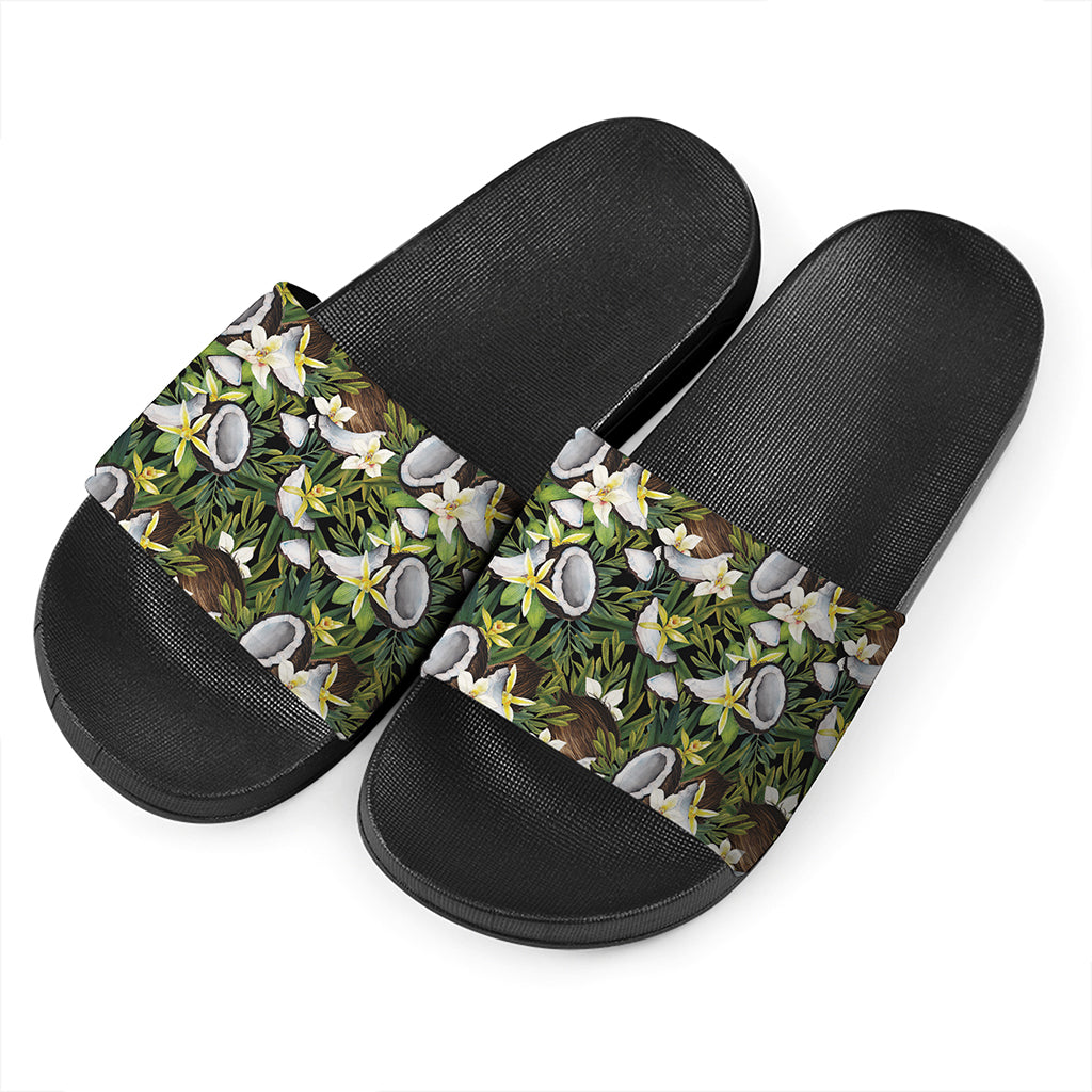 Vanilla Flower And Coconut Pattern Print Black Slide Sandals