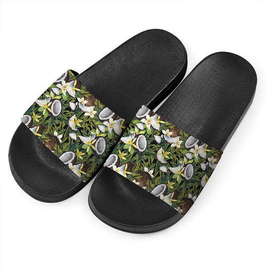Vanilla Flower And Coconut Pattern Print Black Slide Sandals