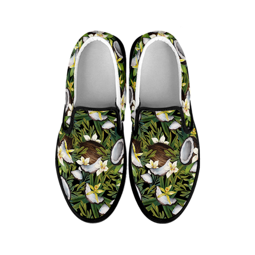 Vanilla Flower And Coconut Pattern Print Black Slip On Shoes
