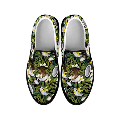 Vanilla Flower And Coconut Pattern Print Black Slip On Shoes