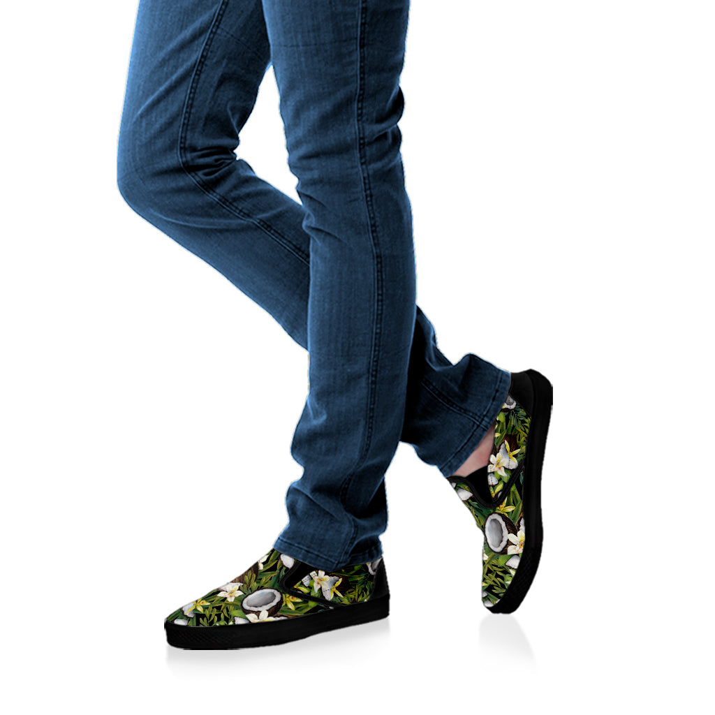 Vanilla Flower And Coconut Pattern Print Black Slip On Shoes
