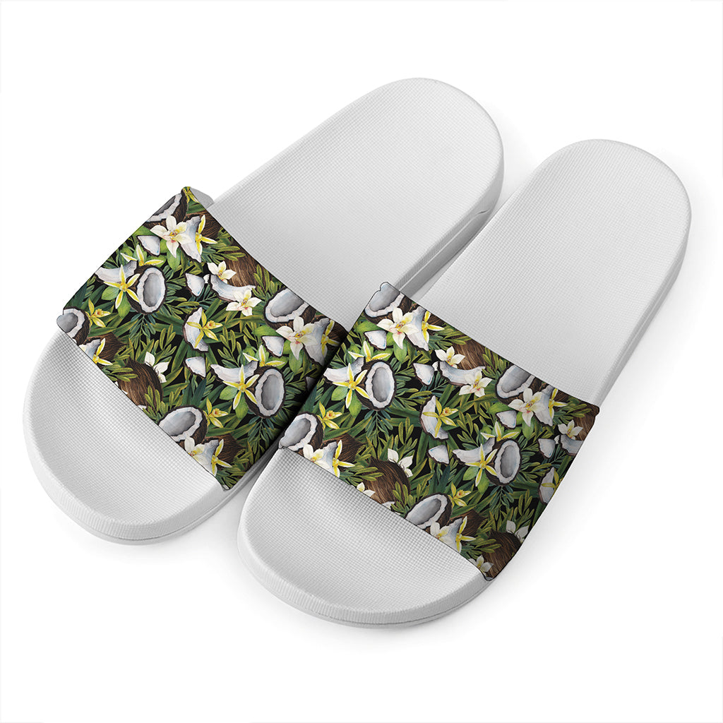 Vanilla Flower And Coconut Pattern Print White Slide Sandals