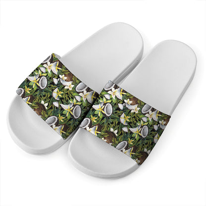 Vanilla Flower And Coconut Pattern Print White Slide Sandals