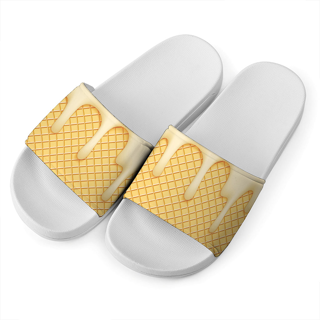 Vanilla Ice Cream Melted Print White Slide Sandals