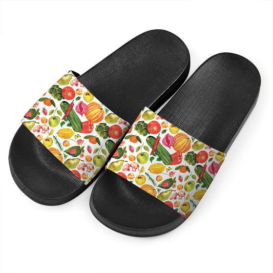 Vegan Fruits And Vegetables Print Black Slide Sandals