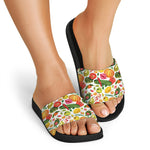 Vegan Fruits And Vegetables Print Black Slide Sandals