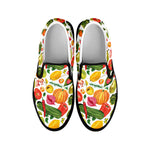 Vegan Fruits And Vegetables Print Black Slip On Shoes