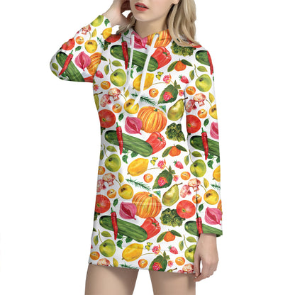 Vegan Fruits And Vegetables Print Hoodie Dress