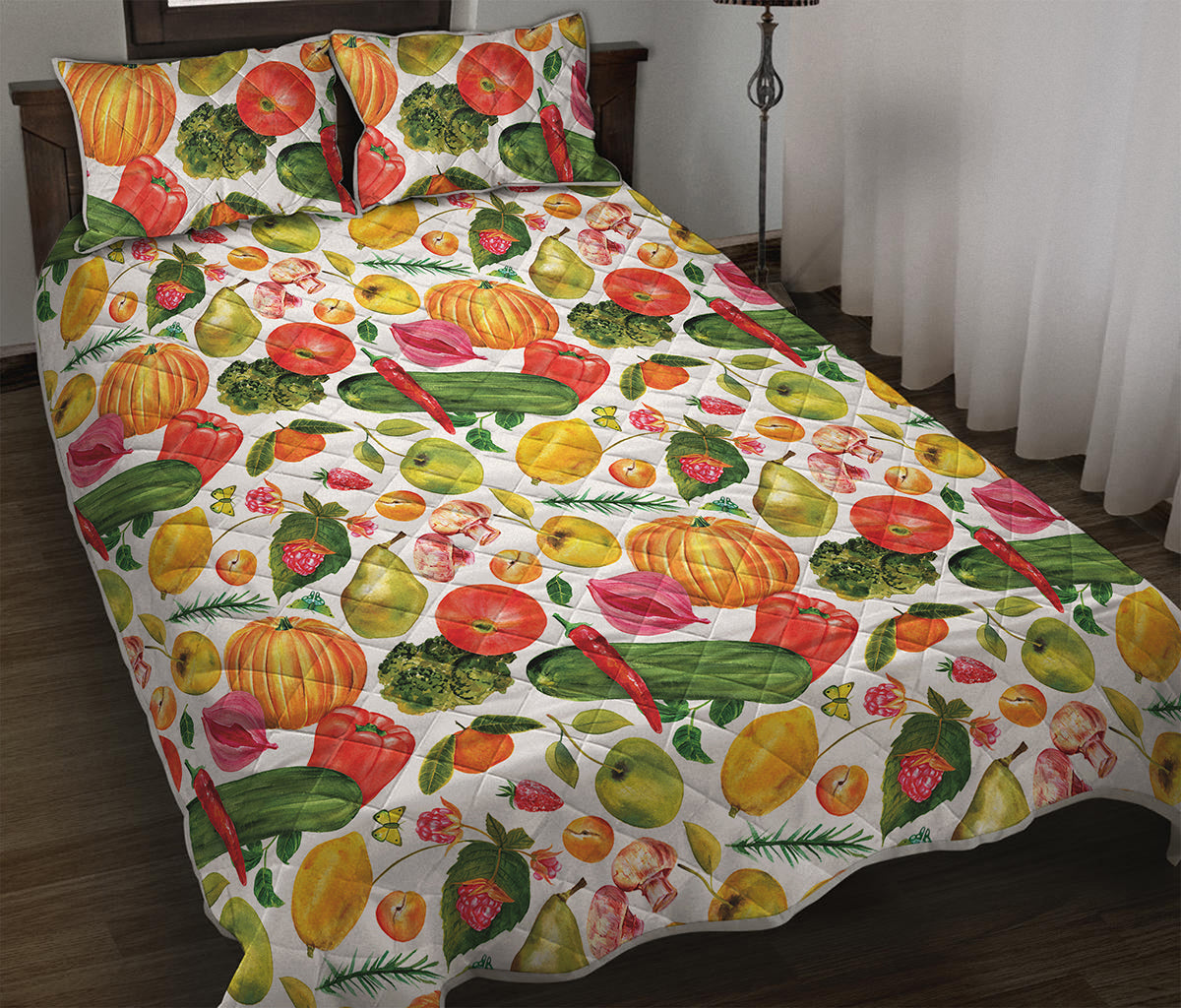 Vegan Fruits And Vegetables Print Quilt Bed Set