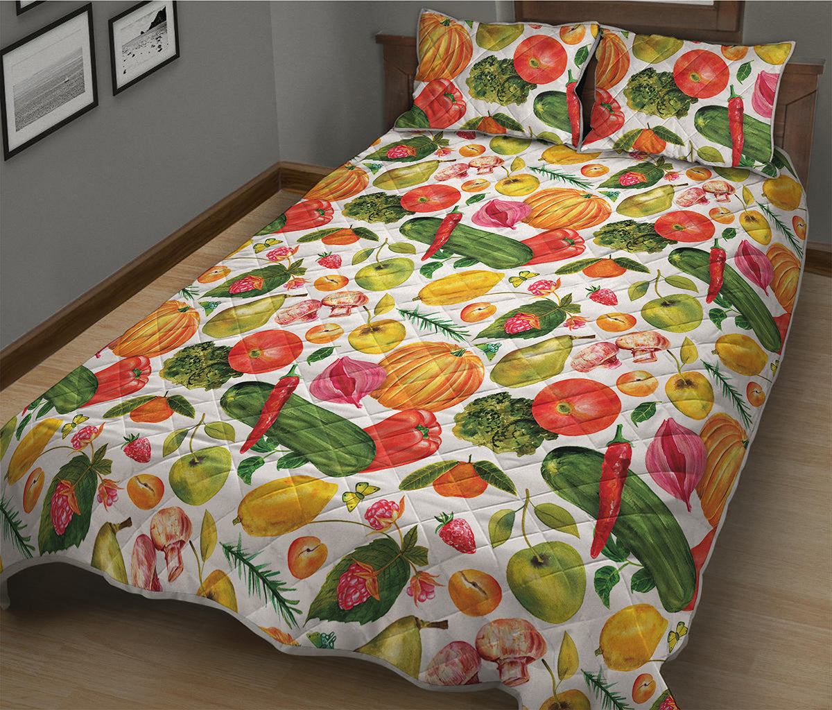 Vegan Fruits And Vegetables Print Quilt Bed Set