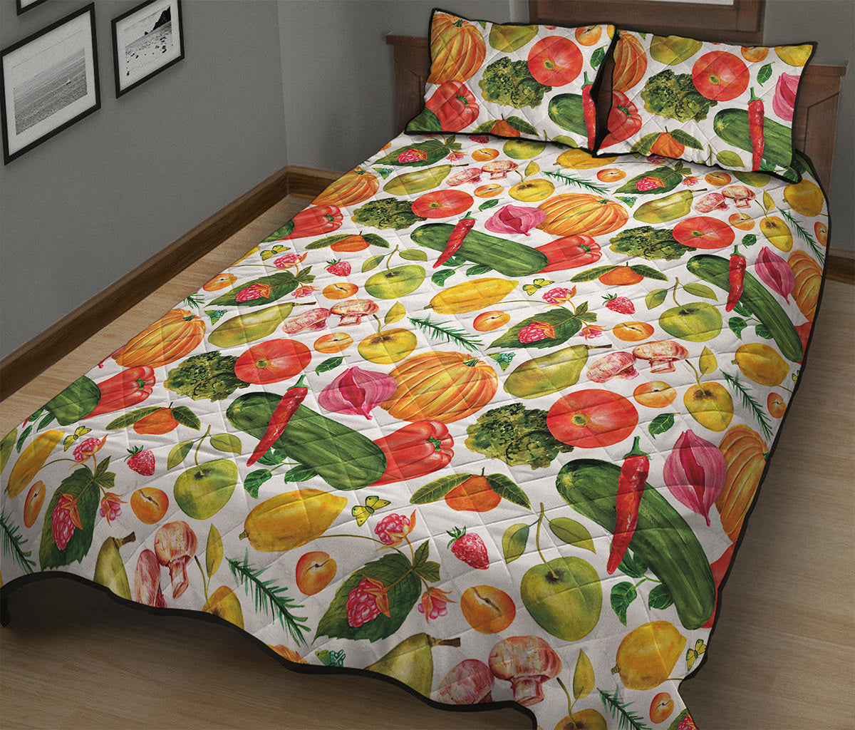 Vegan Fruits And Vegetables Print Quilt Bed Set