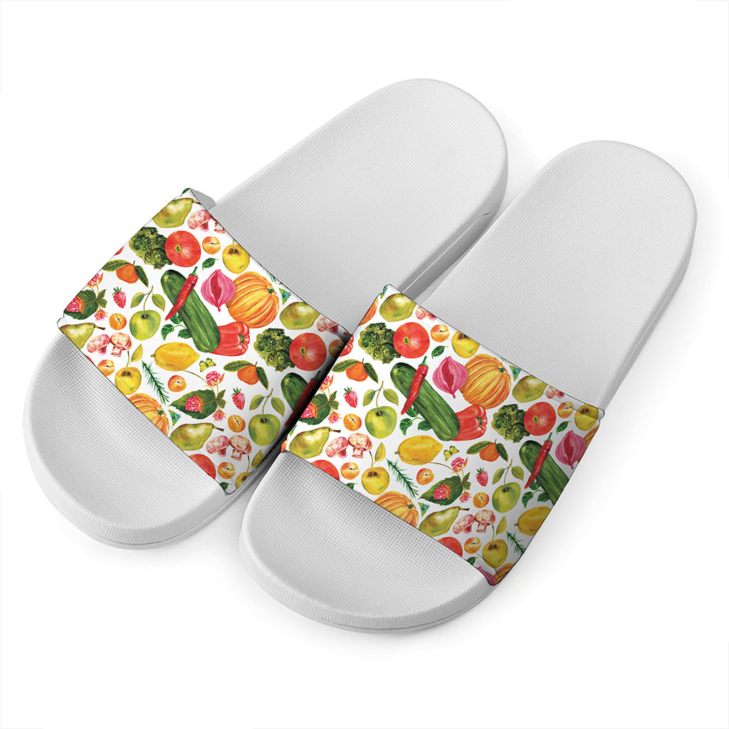 Vegan Fruits And Vegetables Print White Slide Sandals