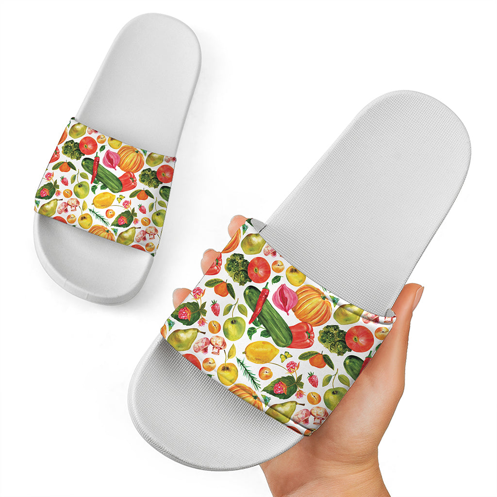 Vegan Fruits And Vegetables Print White Slide Sandals