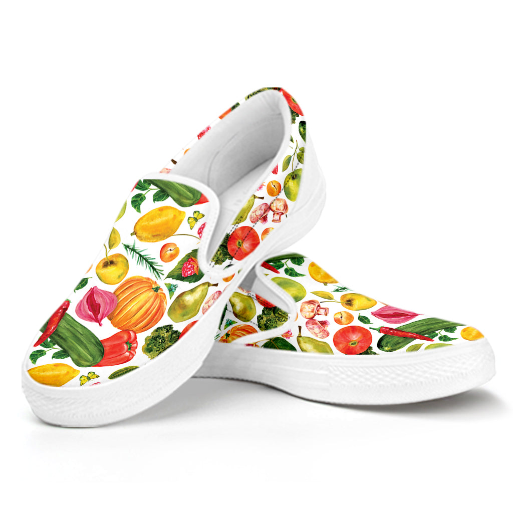 Vegan Fruits And Vegetables Print White Slip On Shoes