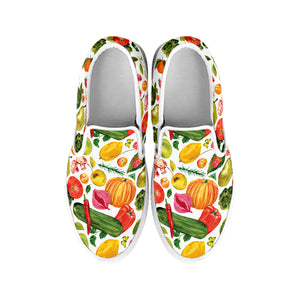 Vegan Fruits And Vegetables Print White Slip On Shoes