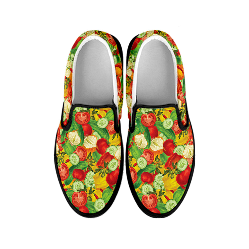 Vegan Pattern Print Black Slip On Shoes