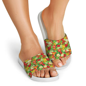 Vegan Pattern Print White Slide Sandals