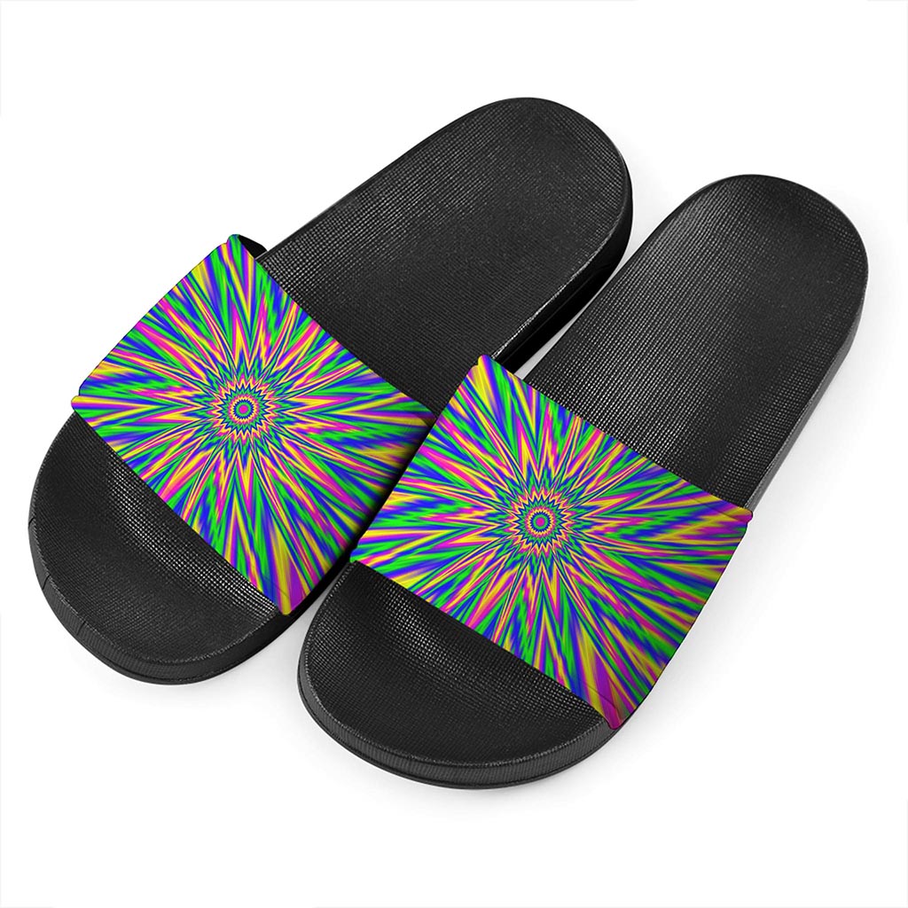 Vibrant Psychedelic Optical Illusion Black Slide Sandals