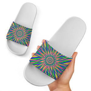 Vibrant Psychedelic Optical Illusion White Slide Sandals