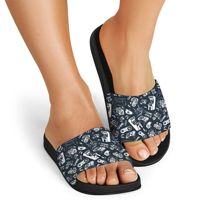 Video Game Devices Pattern Print Black Slide Sandals