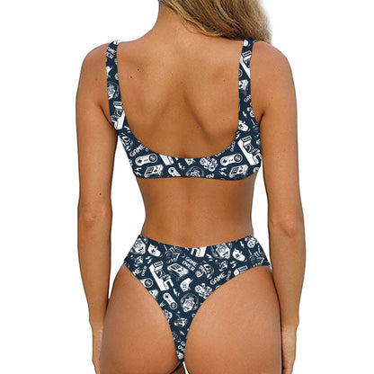 Video Game Devices Pattern Print Front Bow Tie Bikini
