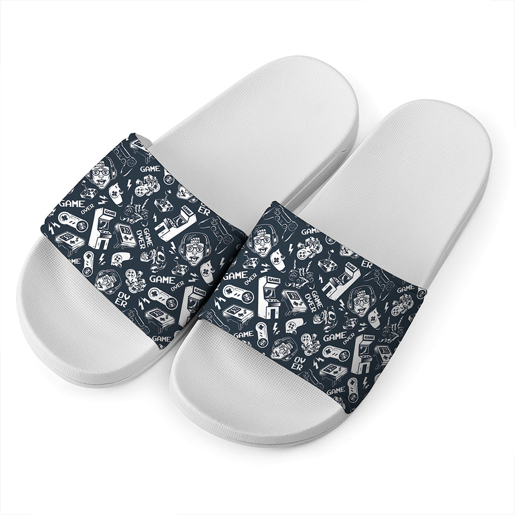 Video Game Devices Pattern Print White Slide Sandals