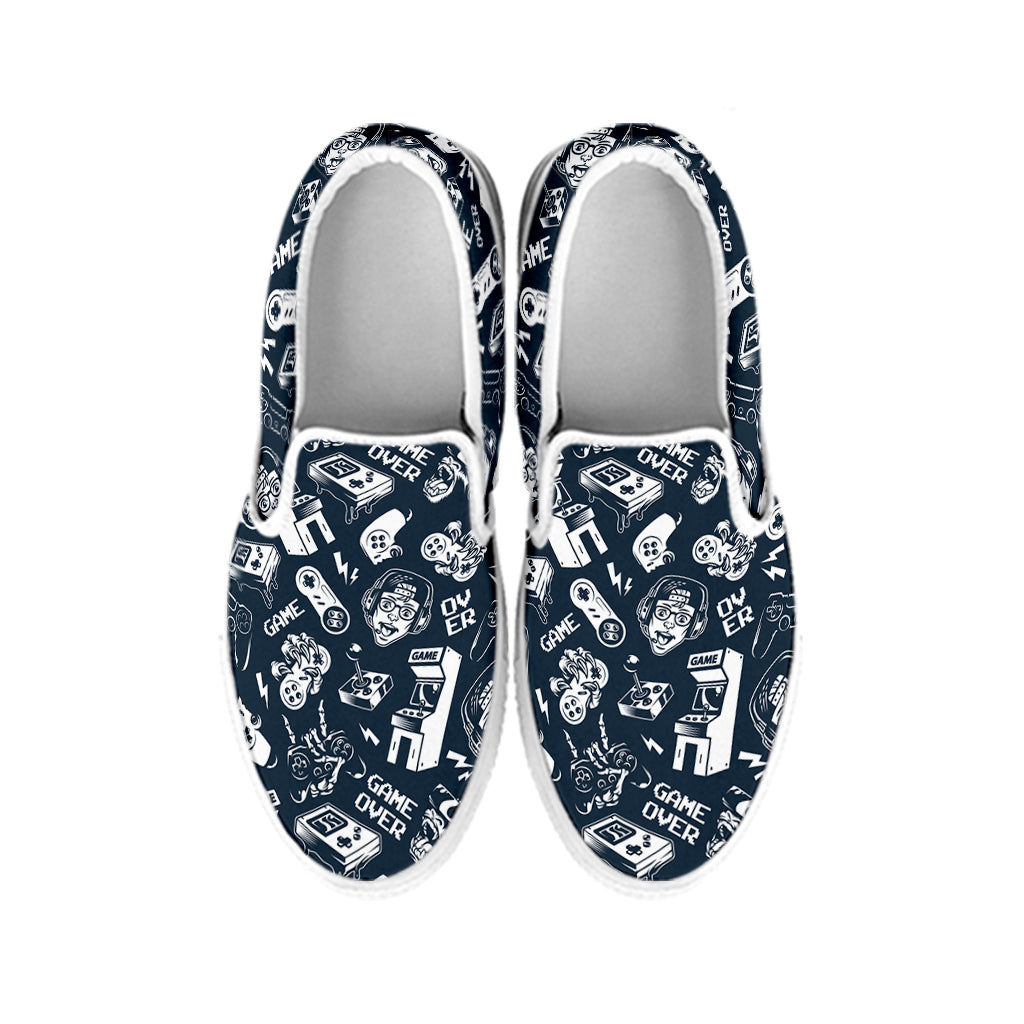 Video Game Devices Pattern Print White Slip On Shoes