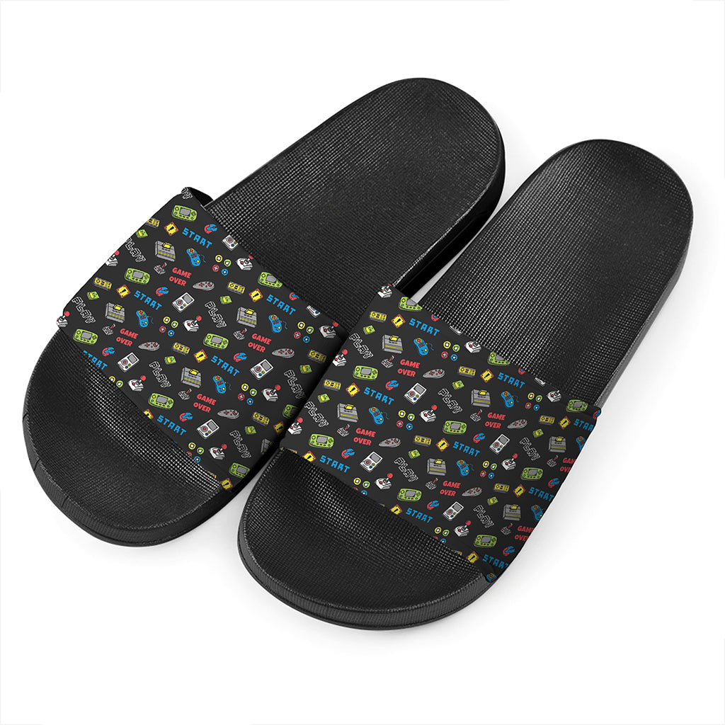 Video Game Gadgets Pattern Print Black Slide Sandals