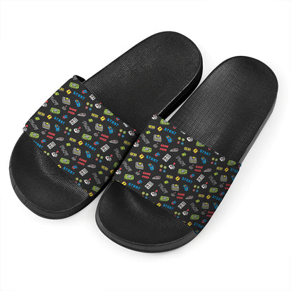 Video Game Gadgets Pattern Print Black Slide Sandals